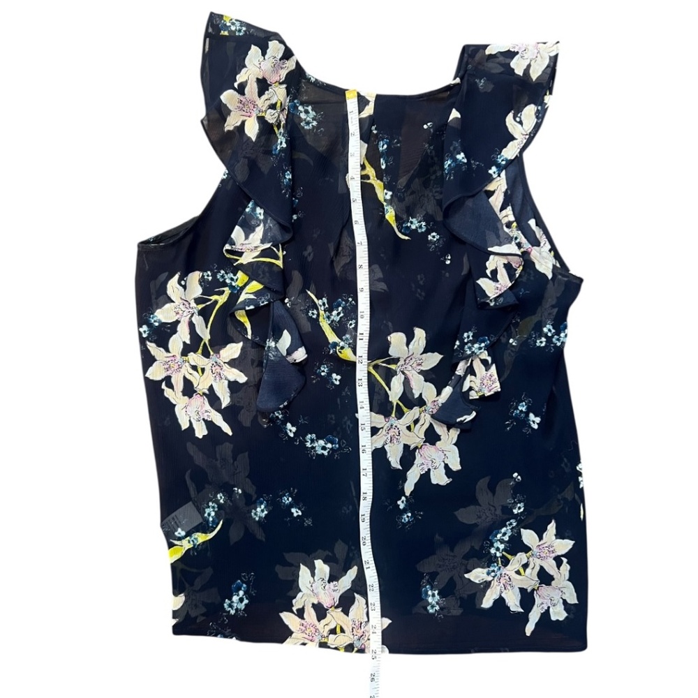 PAIGE Silk Ruffle Blouse Rich Navy Blue, Medium, Sketched Orchid Floral Top - Picture 12 of 13